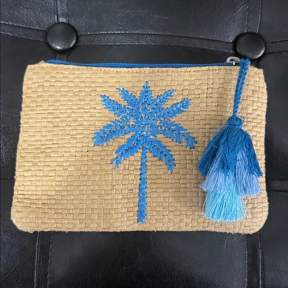 Kids Girls Or Doll Mini Straw Beach Clutch Bag Purse With Blue Palm Tree